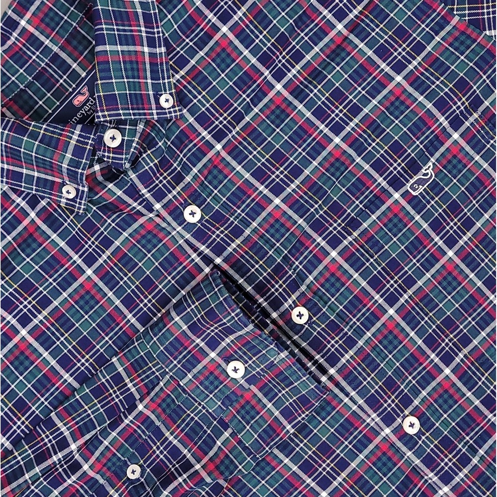 Vineyard Vines Shirt Mens Medium Navy‎ Green Plaid Classic Tucker Button Down
